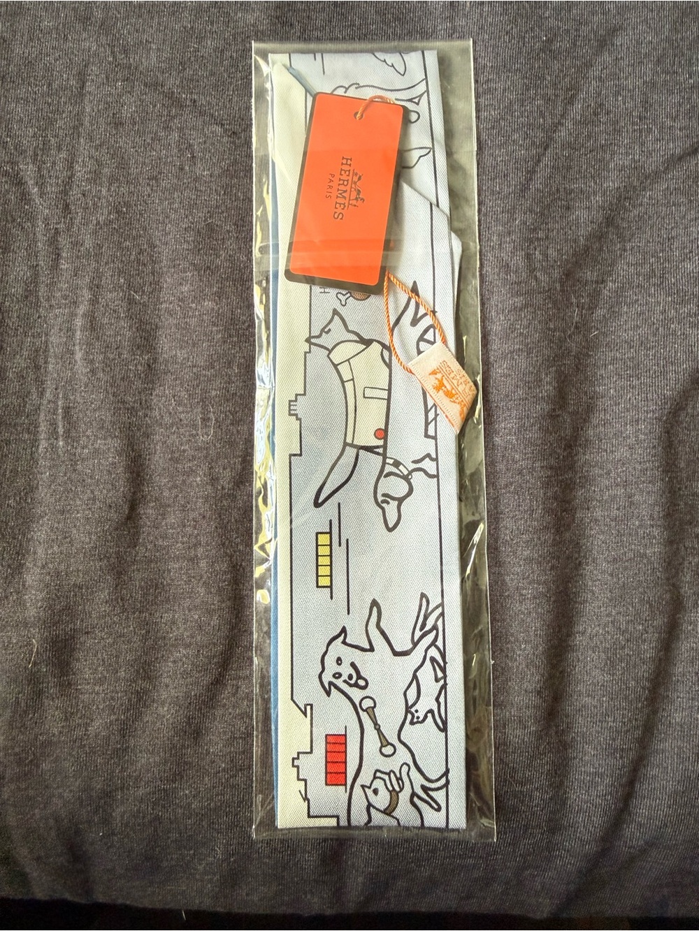 Gray & Orange Dog Motif Twilly Scarf